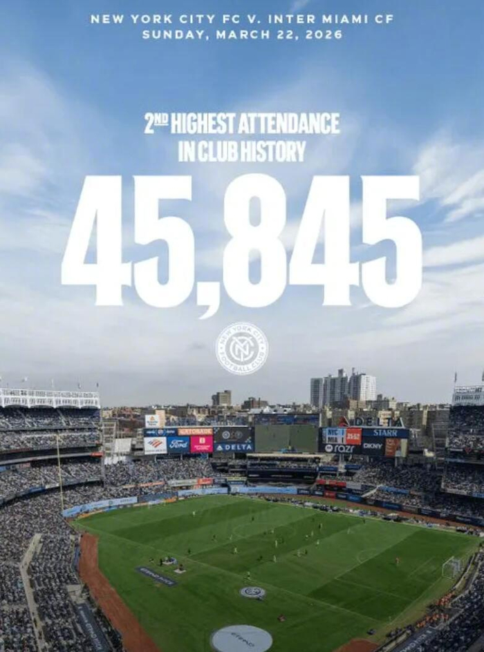 纽约城2-3负迈阿密国际 创历史第二高上座纪录